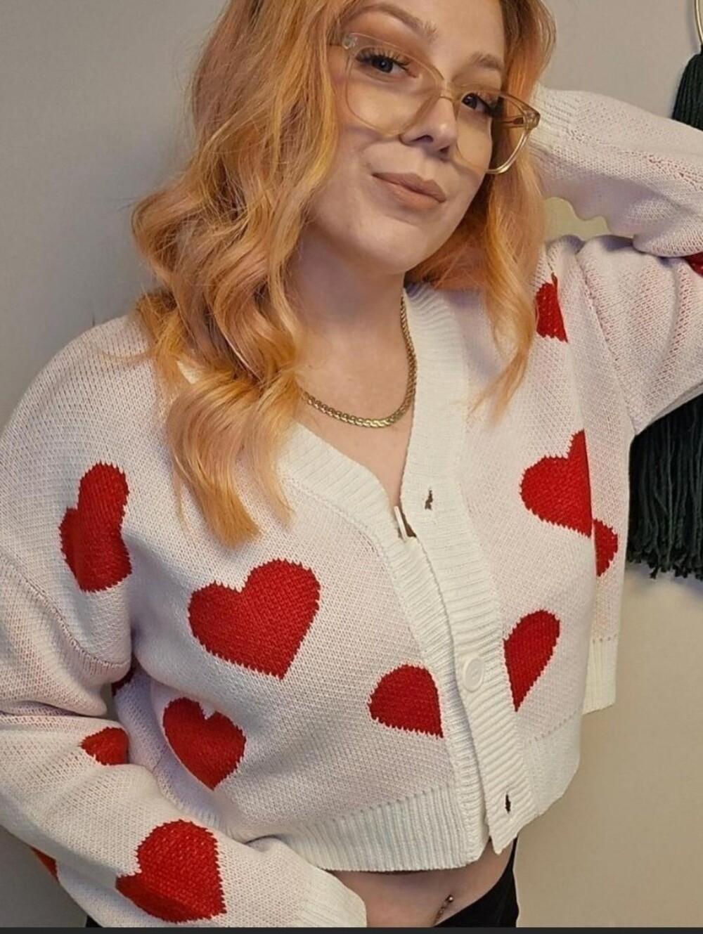 SHEIN White Cropped Cardigan with Red Heart Pattern